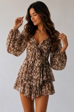 Saints + Secrets Floral Tie Front Romper Brown Long Sleeve Ruffle Boho Cottage S